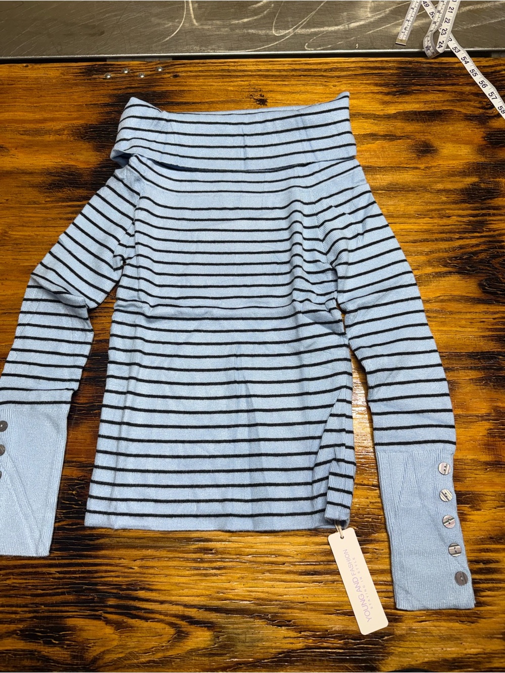 Light Blue Striped Off-Shoulder Tunic with Button Cuffs